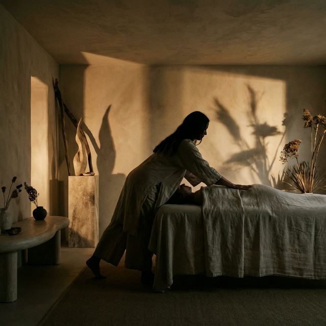 Calm treatment room in warm evening light, a practitioner working at the table