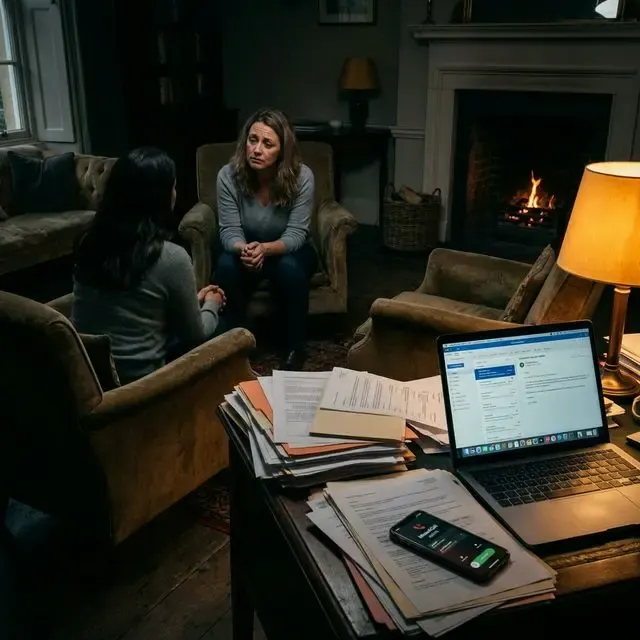 Schreibtisch mit Laptop, Handy und Papieren, im Hintergrund ein Coaching-Gespräch am Kamin