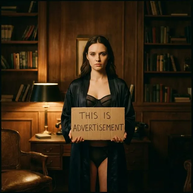 Eine Frau hält ein Pappschild mit der Aufschrift „This is advertisement“